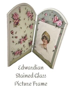 Vintage-Inspired Stained Glass Bi-Fold Ivory Metal Picture Frame with Rose Motif